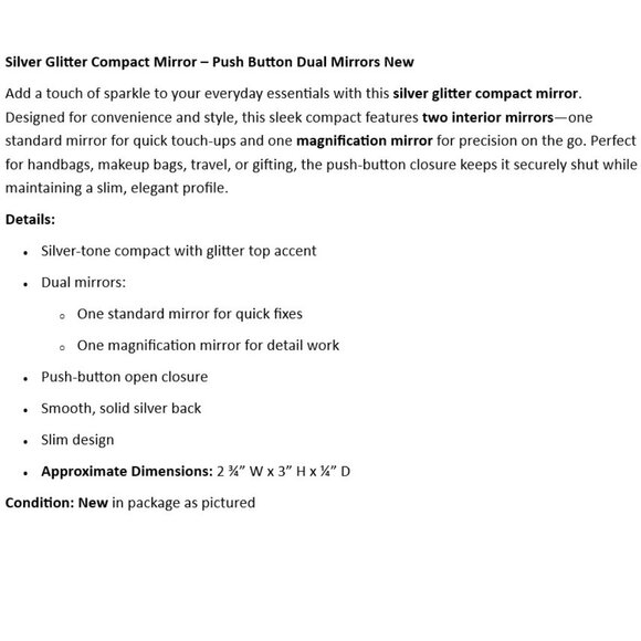 Silver Glitter Compact Mirror – Push Button Dual Mirrors New - Picture 2 of 4